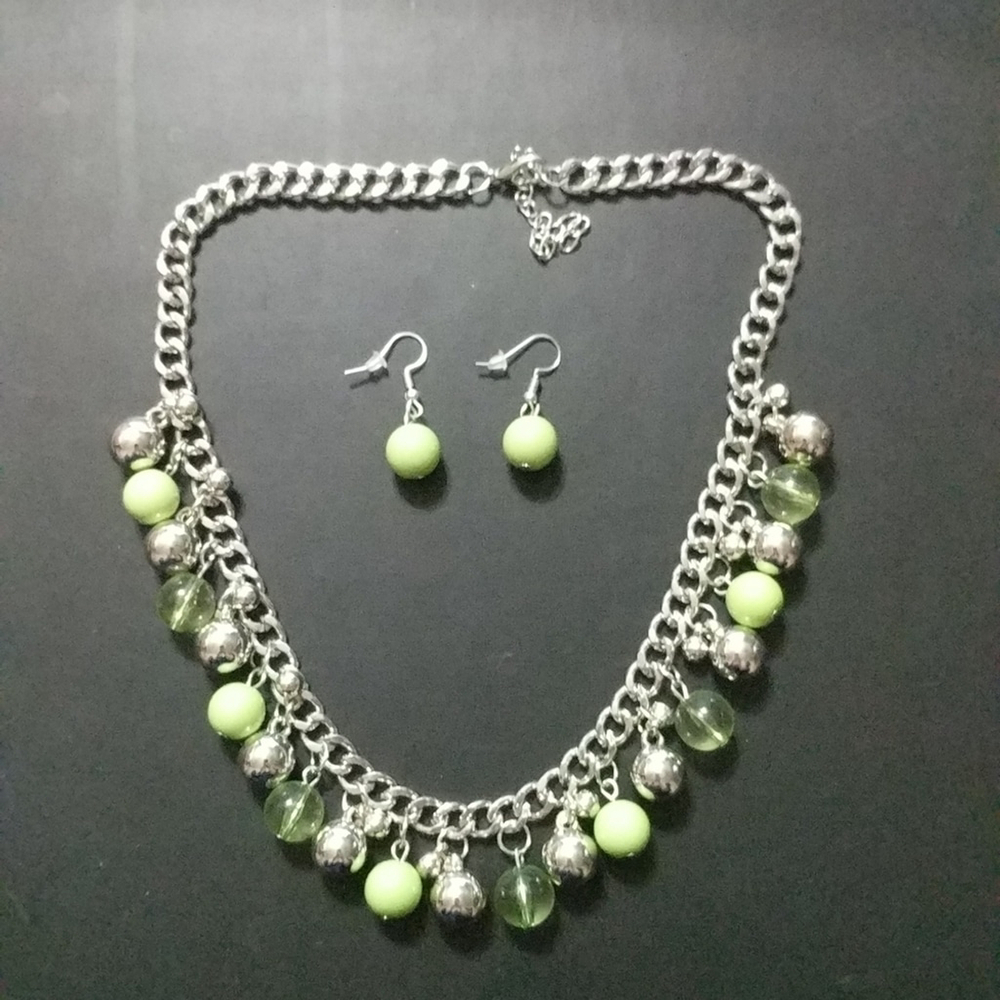 Silver Tone Green Beaded Bauble Statement Necklace and Earring Set